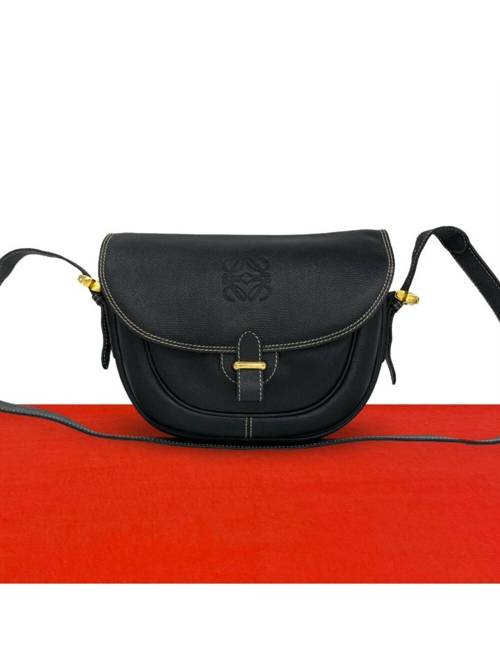 Loewe Vintage Anagram Logo Stamp Leather Shoulder Bag Pochette Cross Black